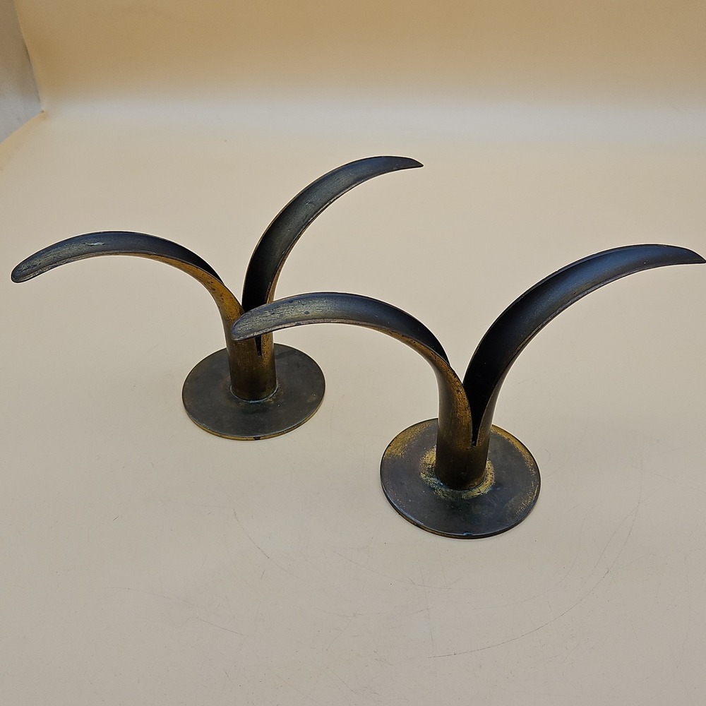 Vintage MCM Brass Candle Holders Made In Sweden Ystad Metal Patina Lily